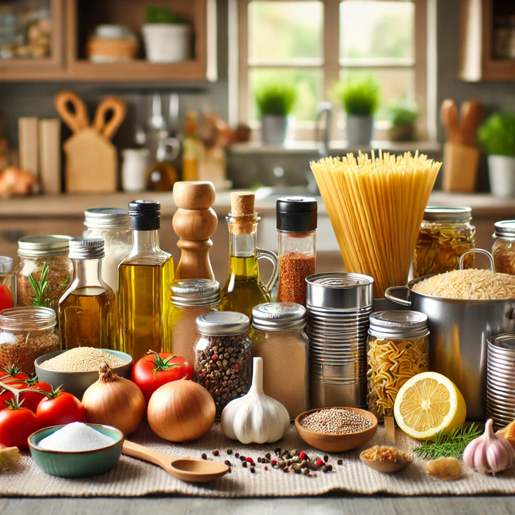 A VARIETY OF ESSENTIAL KITCHEN STAPLES, INCLUDING OLIVE OIL, SPICES, PASTA, AND CANNED TOMATOES, ON A KITCHEN COUNTERTOP.