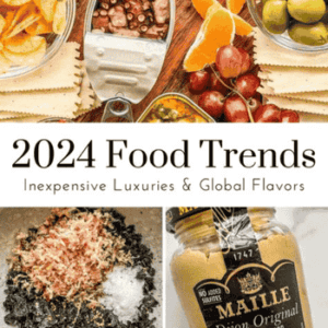 A COLLECTION OF TRENDING 2024 FOOD ITEMS, INCLUDING PLANT-BASED PROTEINS, EXOTIC SPICES, AND FUNCTIONAL BEVERAGES.