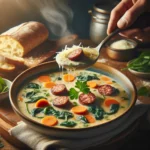 A WARM BOWL OF CREAMY PARMESAN ITALIAN SAUSAGE SOUP GARNISHED WITH FRESH HERBS.