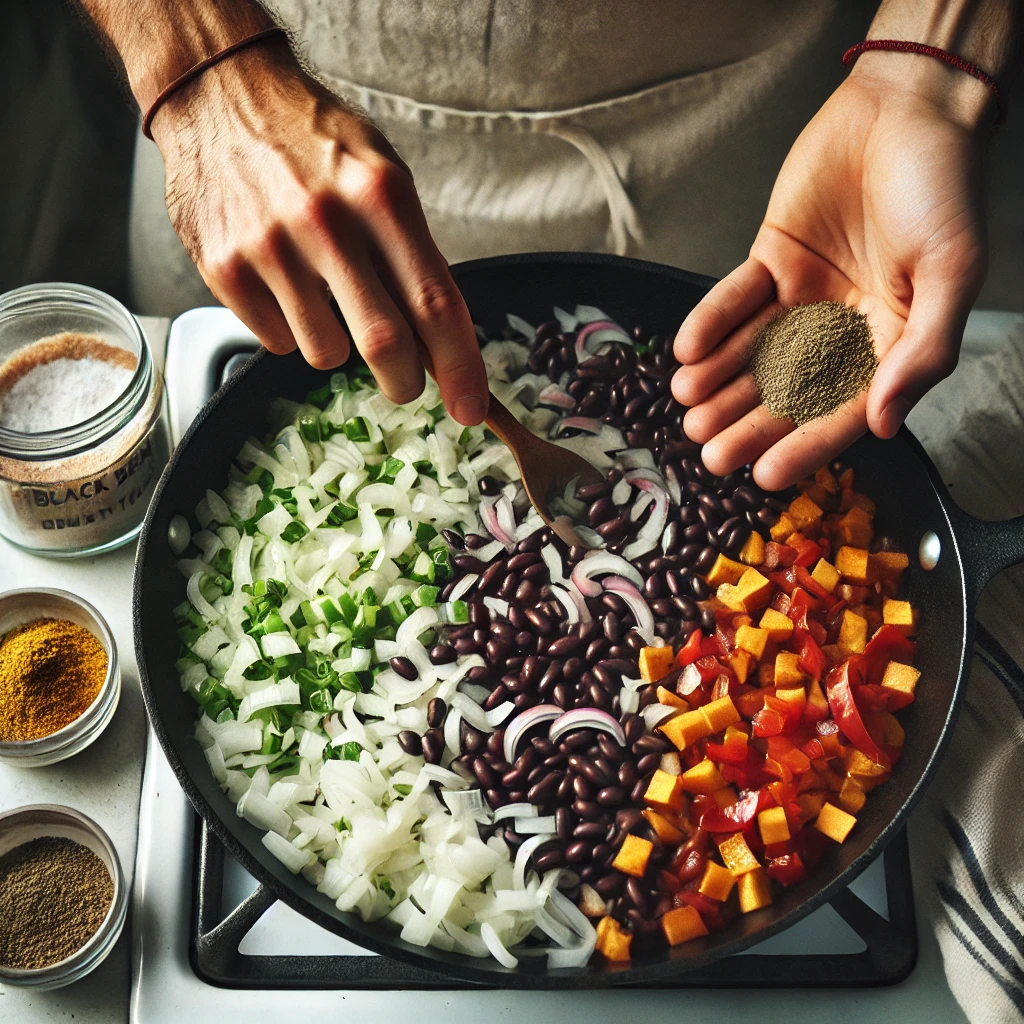 A BOWL OF FLAVORFUL VEGAN BLACK BEAN DISH TOPPED WITH FRESH HERBS AND SERVED WITH RICE