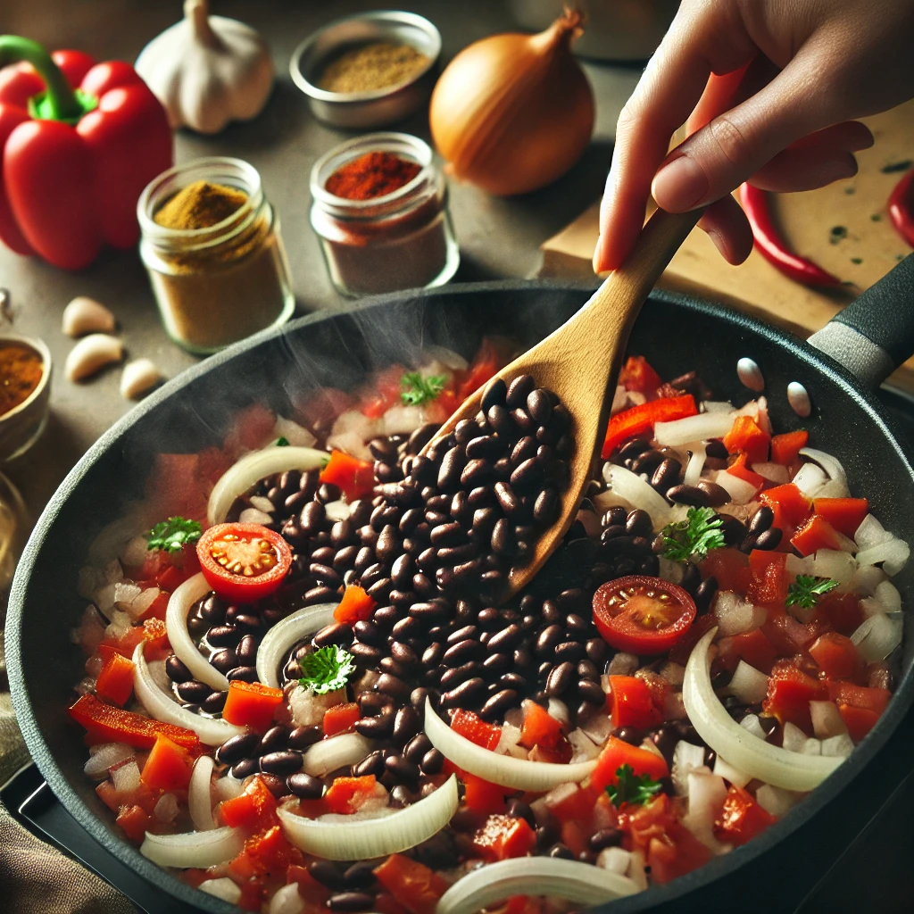 A BOWL OF SEASONED VEGAN BLACK BEANS SERVED WITH RICE AND FRESH HERBS.