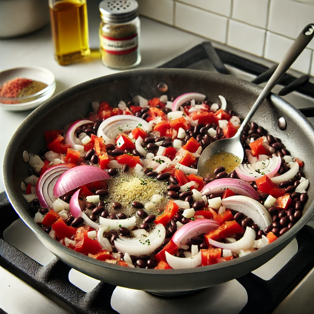 A BOWL OF SEASONED VEGAN BLACK BEANS SERVED WITH RICE AND FRESH HERBS.