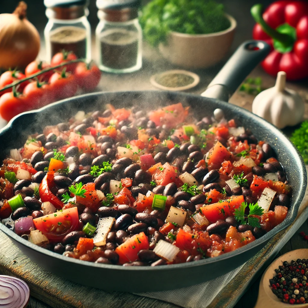 A BOWL OF SEASONED VEGAN BLACK BEANS SERVED WITH RICE AND FRESH HERBS.