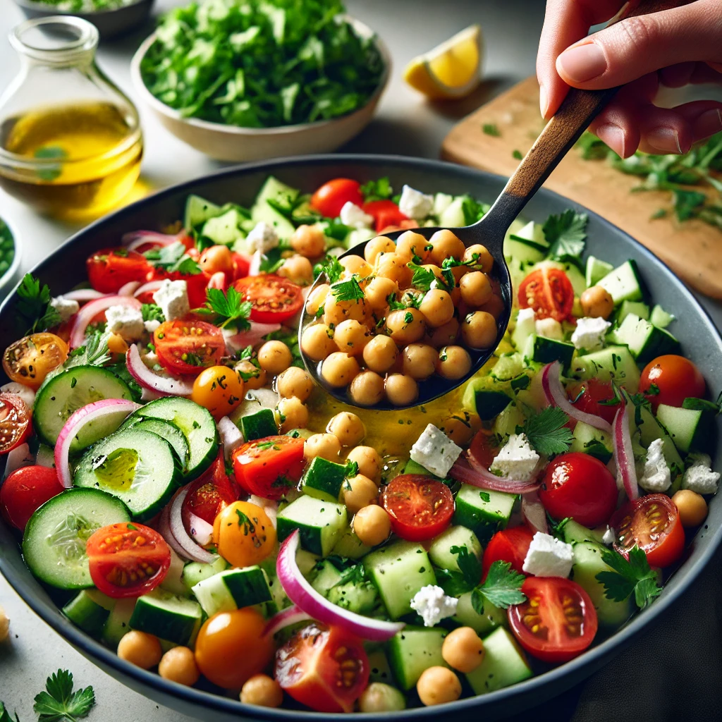 A BOWL OF COLORFUL MEDITERRANEAN CHICKPEA SALAD WITH CUCUMBERS, TOMATOES, OLIVES, RED ONION, AND FRESH HERBS.