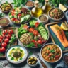 A SPREAD OF MEDITERRANEAN DIET DISHES FEATURING FRESH SALADS, WHOLE GRAINS, LEAN PROTEINS, AND COLORFUL VEGETABLES