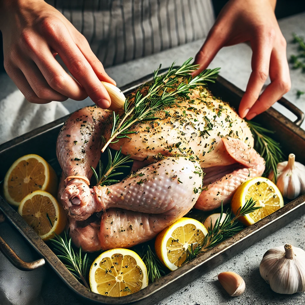 A PERFECTLY ROASTED WHOLE CHICKEN WITH GOLDEN-BROWN SKIN, GARNISHED WITH FRESH HERBS AND LEMON WEDGES.