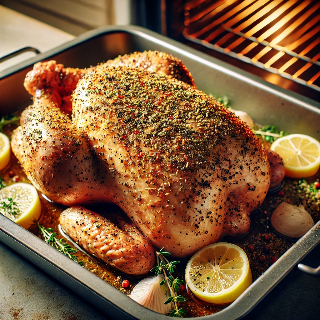 A PERFECTLY ROASTED WHOLE CHICKEN WITH GOLDEN-BROWN SKIN, GARNISHED WITH FRESH HERBS AND LEMON WEDGES.