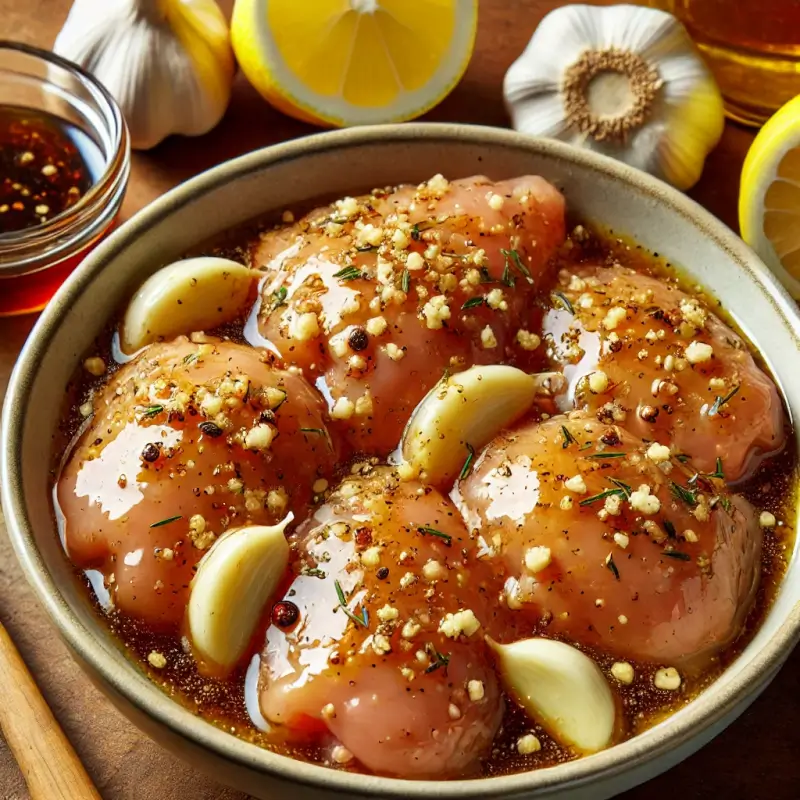 MARINATED CHICKEN THIGHS IN A HONEY GARLIC MARINADE, GARNISHED WITH FRESH HERBS AND READY TO GRILL OR BAKE.