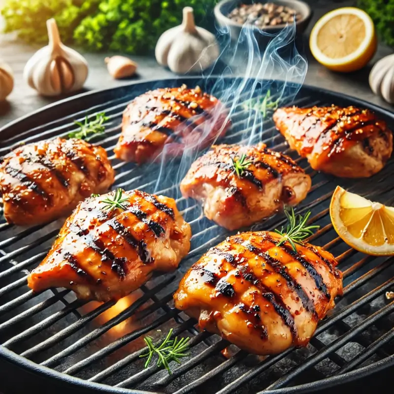 MARINATED CHICKEN THIGHS IN A HONEY GARLIC MARINADE, GARNISHED WITH FRESH HERBS AND READY TO GRILL OR BAKE.