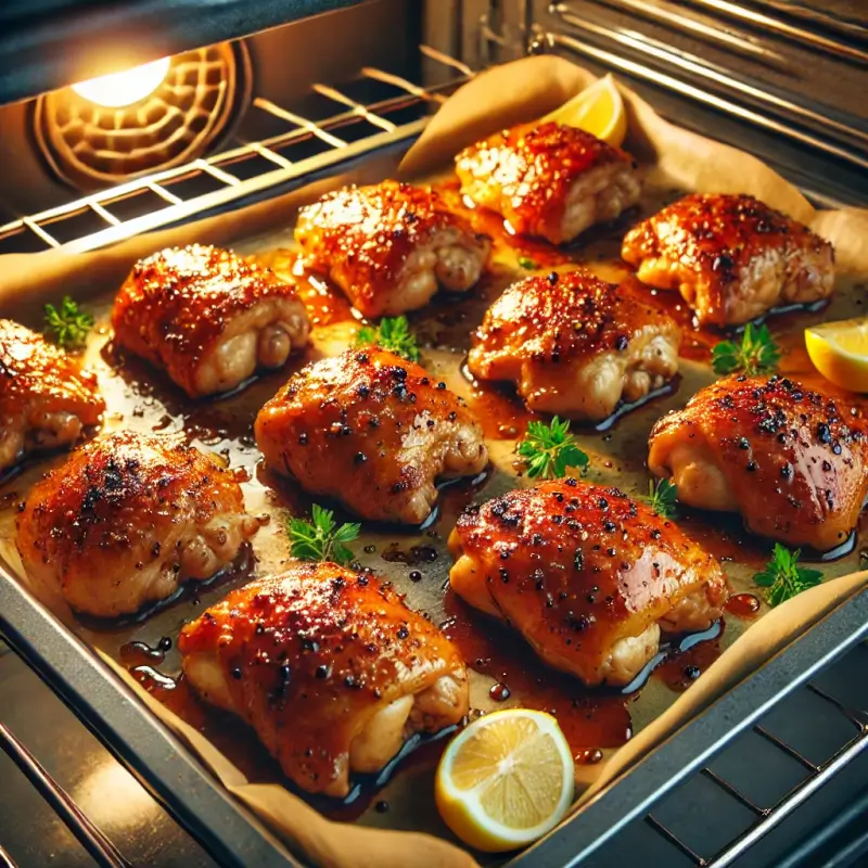 MARINATED CHICKEN THIGHS IN A HONEY GARLIC MARINADE, GARNISHED WITH FRESH HERBS AND READY TO GRILL OR BAKE.