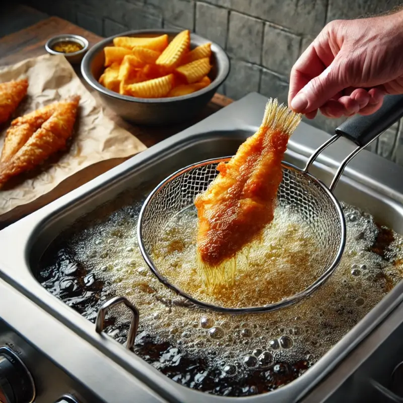 CRISPY FISH FILLETS WITH GOLDEN CHIPS SERVED ON A PLATTER, GARNISHED WITH LEMON WEDGES, TARTAR SAUCE, AND A SPRIG OF PARSLEY.