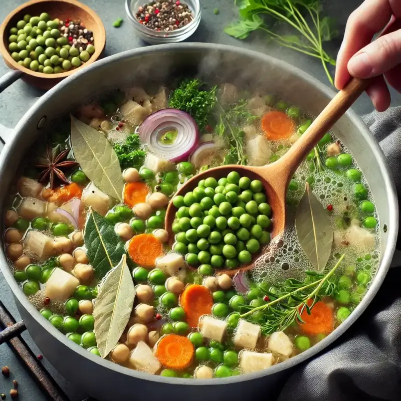 A BOWL OF DRIED PEA SOUP GARNISHED WITH FRESH PARSLEY, SERVED WITH A SLICE OF CRUSTY BREAD ON A WOODEN TABLE.