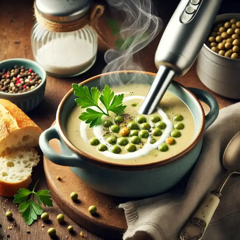 A BOWL OF DRIED PEA SOUP GARNISHED WITH FRESH PARSLEY, SERVED WITH A SLICE OF CRUSTY BREAD ON A WOODEN TABLE.