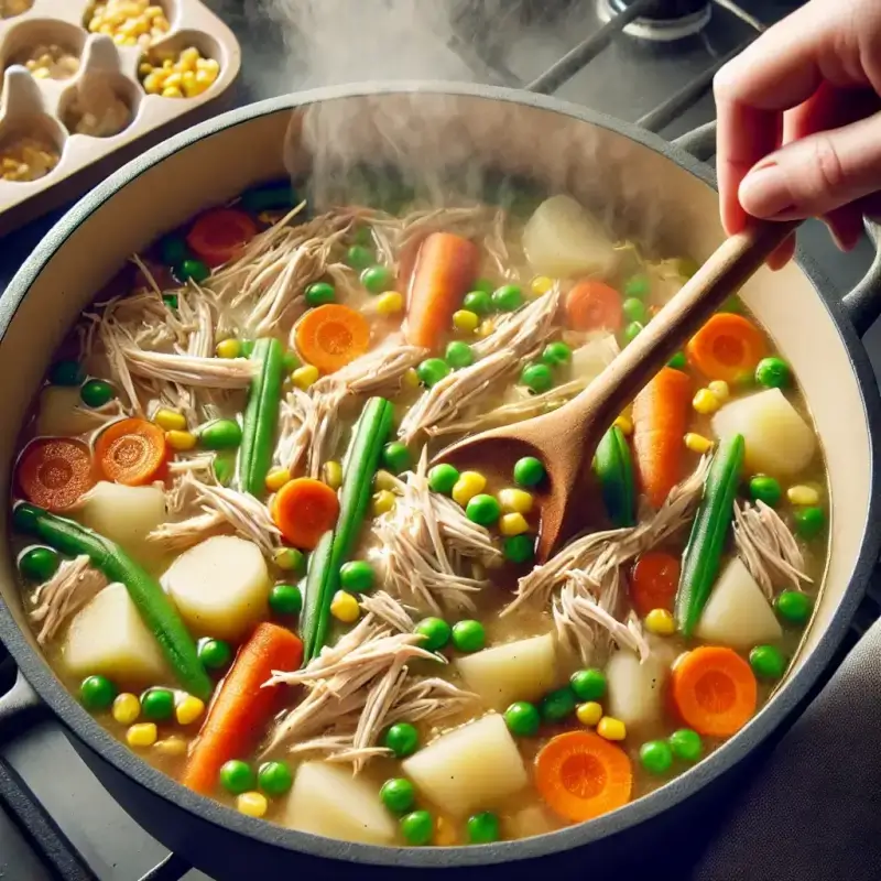 A BOWL OF CHICKEN AND VEGETABLE SOUP WITH VIBRANT CARROTS, CELERY, AND SHREDDED CHICKEN, GARNISHED WITH PARSLEY AND SERVED WITH CRUSTY BREAD.