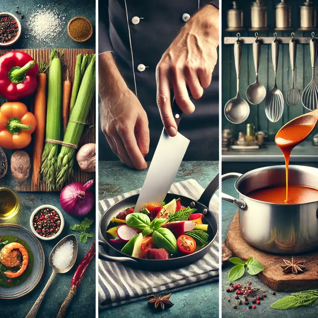 DALL·E 2024 11 23 14.19.43 A COLLAGE OF SCENES REPRESENTING CULINARY ARTS A CHEF CHOPPING FRESH VEGETABLES WITH A SHARP KNIFE A BEAUTIFULLY PLATED GOURMET DISH WITH VIBRANT IN 1