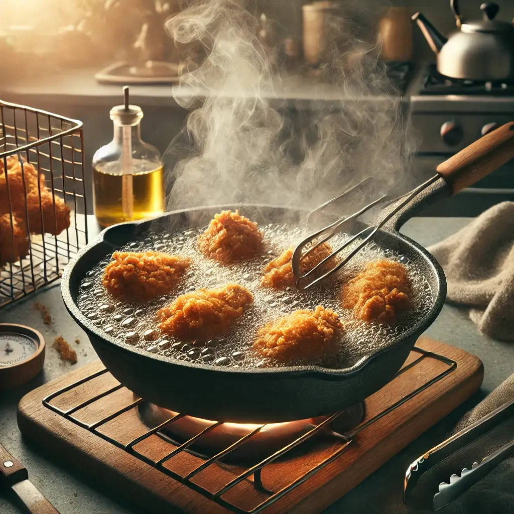 DALL·E 2024 11 24 01.07.59 A KITCHEN SETUP SHOWING THE THIRD STAGE OF PREPARING A SOUTHERN COMFORT MEAL. A DEEP SKILLET FILLED WITH HOT OIL IS FRYING COATED CHICKEN PIECES TO GO