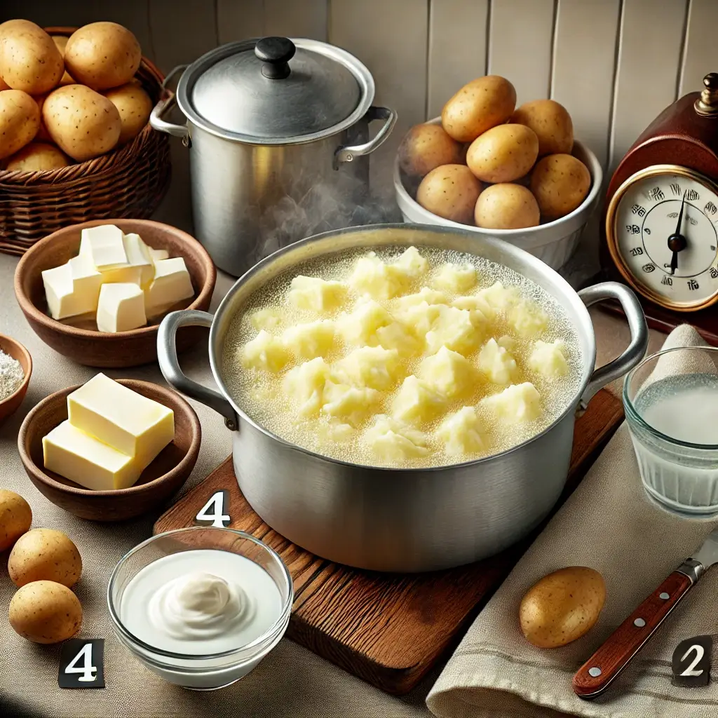 DALL·E 2024 11 24 01.08.01 A KITCHEN SETUP SHOWING THE FOURTH STAGE OF PREPARING A SOUTHERN COMFORT MEAL. A POT OF BOILING WATER WITH PEELED AND CUBED POTATOES IS BEING PREPARED