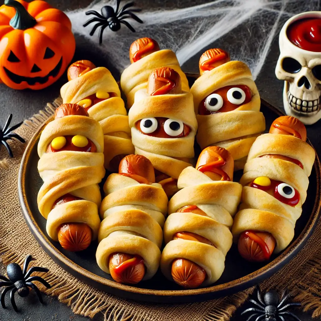 MUMMY HOT DOGS, HALLOWEEN SNACK, EASY HALLOWEEN RECIPE