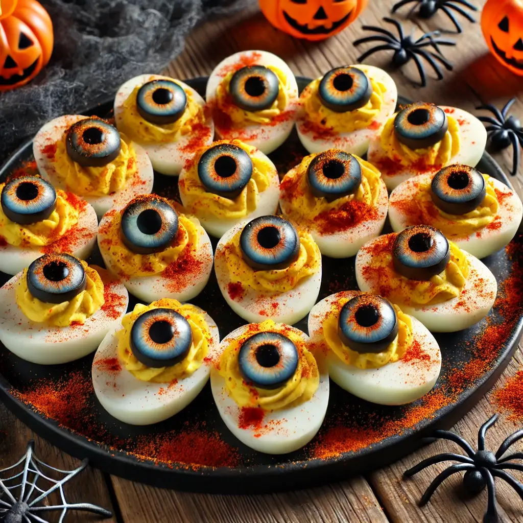 EYEBALL DEVILED EGGS, HALLOWEEN RECIPES, SPOOKY DEVILED EGGS, HALLOWEEN PARTY APPETIZERS