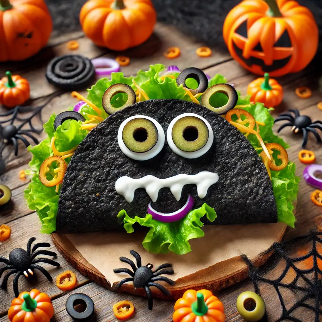 HALLOWEEN MONSTER TACOS WITH SPOOKY FACES MADE FROM CHEESE, OLIVES, AND SHREDDED LETTUCE, SERVED IN BLACK TACO SHELLS.