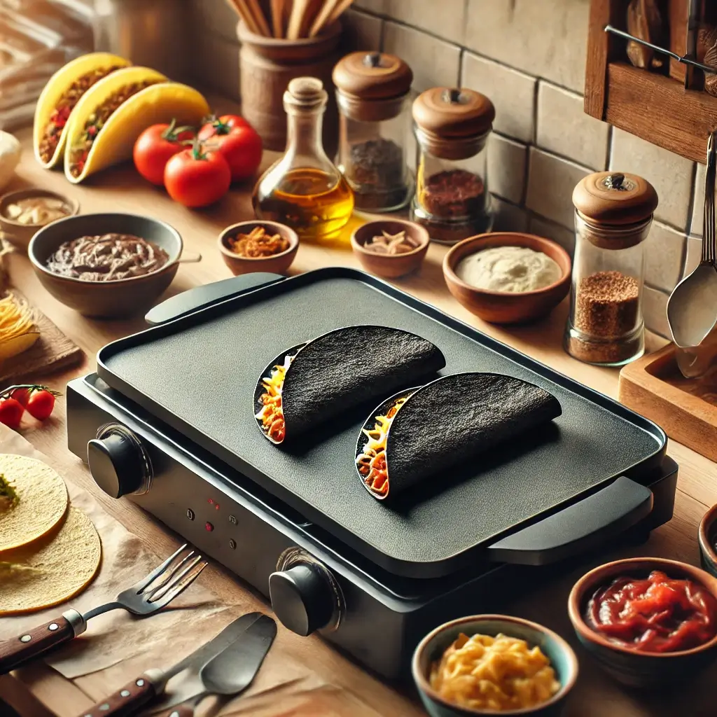 HALLOWEEN MONSTER TACOS WITH SPOOKY FACES MADE FROM CHEESE, OLIVES, AND SHREDDED LETTUCE, SERVED IN BLACK TACO SHELLS.