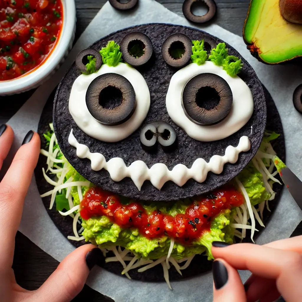 HALLOWEEN MONSTER TACOS WITH SPOOKY FACES MADE FROM CHEESE, OLIVES, AND SHREDDED LETTUCE, SERVED IN BLACK TACO SHELLS.