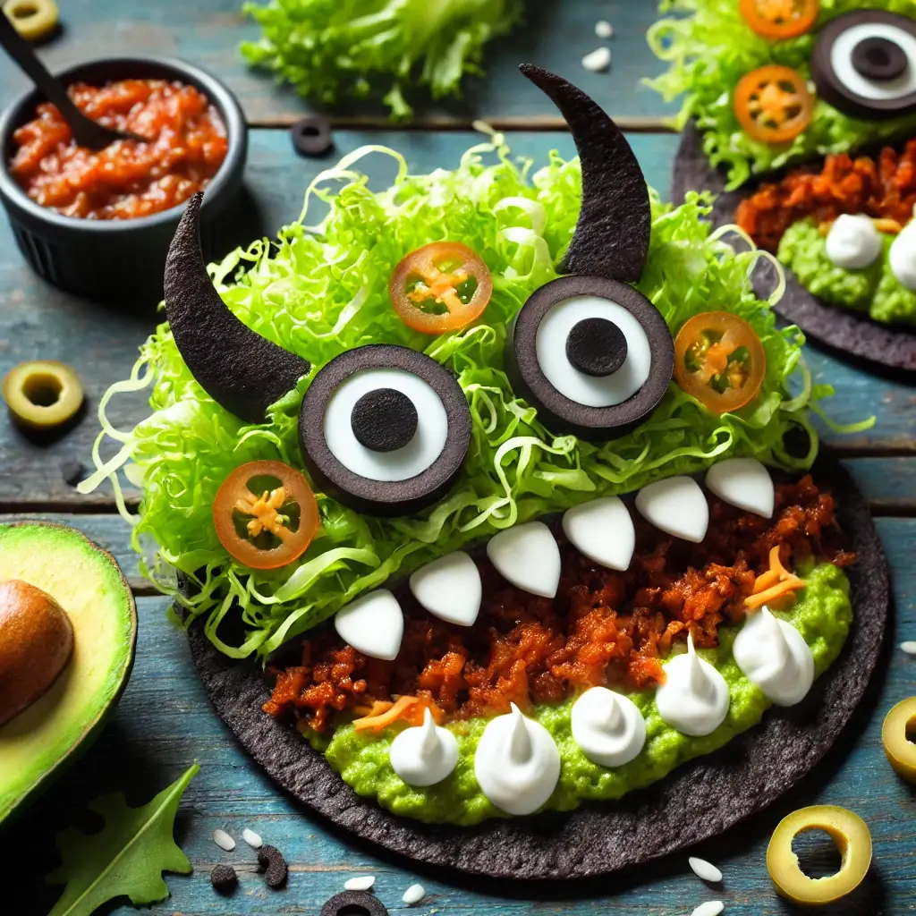 HALLOWEEN MONSTER TACOS WITH SPOOKY FACES MADE FROM CHEESE, OLIVES, AND SHREDDED LETTUCE, SERVED IN BLACK TACO SHELLS.