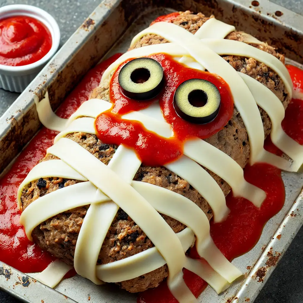 MUMMY MEATLOAF, HALLOWEEN DINNER IDEAS, SPOOKY MEATLOAF RECIPE, HALLOWEEN PARTY FOOD, MUMMY THEMED FOOD, HALLOWEEN DINNER, MEATLOAF WITH CHEESE, MUMMY MEATLOAF RECIPE, FUN HALLOWEEN FOOD FOR KIDS