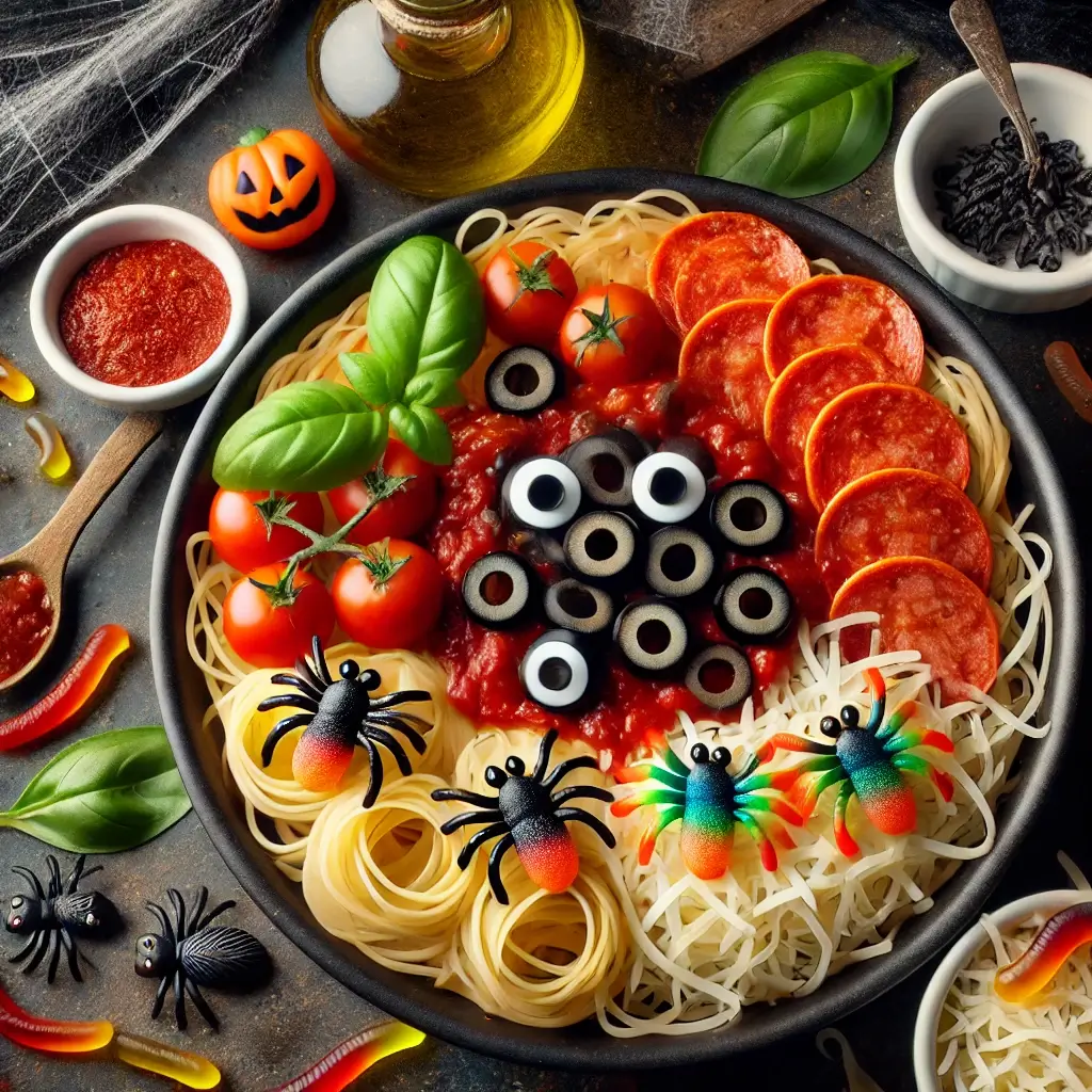 CREEPY CRAWLY SPAGHETTI HALLOWEEN RECIPE WITH SPOOKY PASTA SHAPED LIKE CREEPY CREATURES