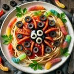 CREEPY CRAWLY SPAGHETTI HALLOWEEN RECIPE WITH SPOOKY PASTA SHAPED LIKE CREEPY CREATURES