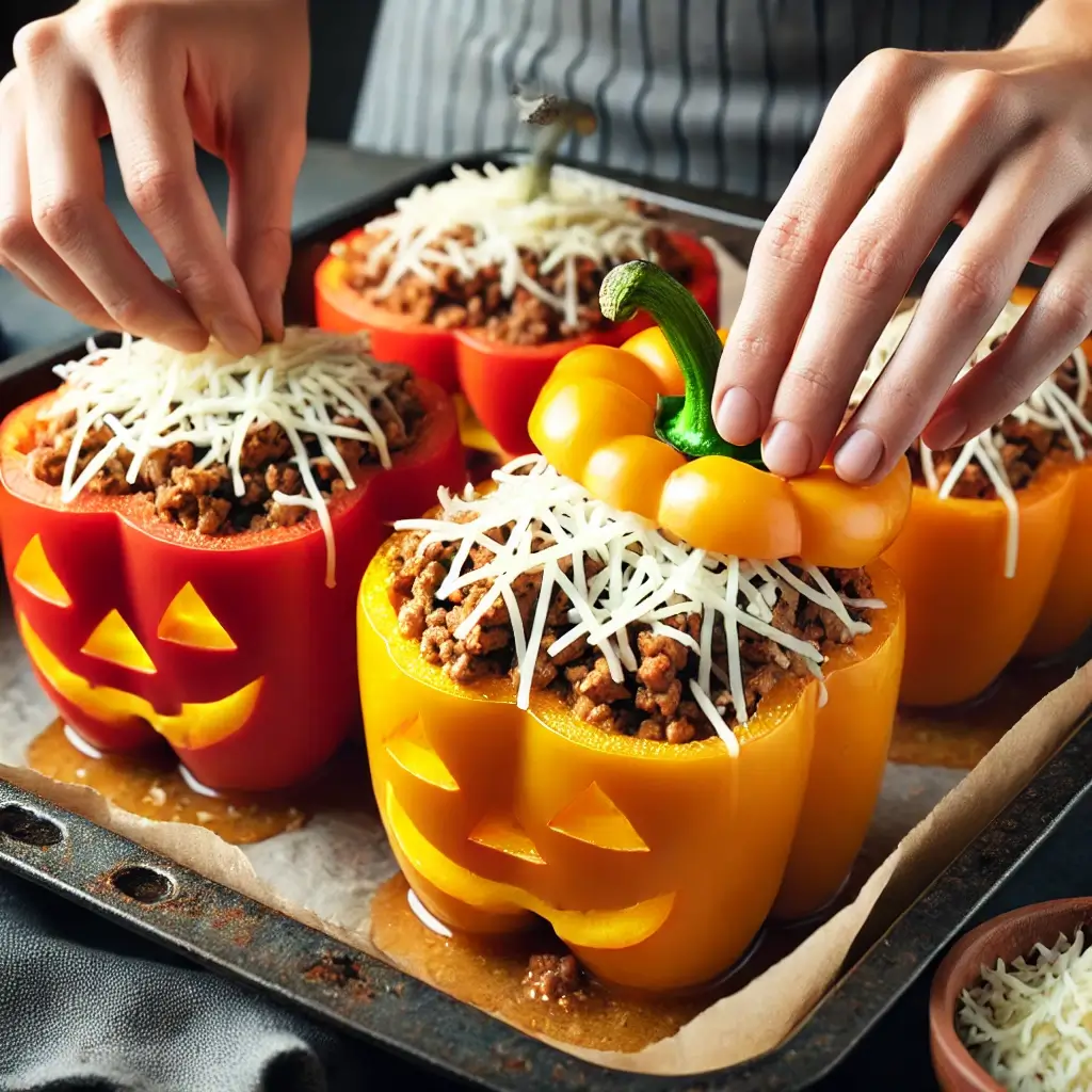 JACK-O’-LANTERN STUFFED PEPPERS SHAPED LIKE PUMPKINS WITH SAVORY FILLING, PERFECT FOR HALLOWEEN.