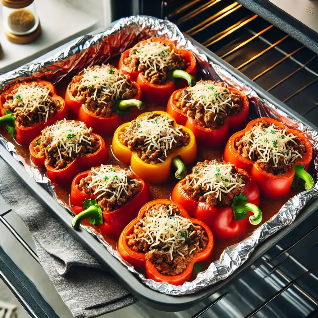 JACK-O’-LANTERN STUFFED PEPPERS SHAPED LIKE PUMPKINS WITH SAVORY FILLING, PERFECT FOR HALLOWEEN.