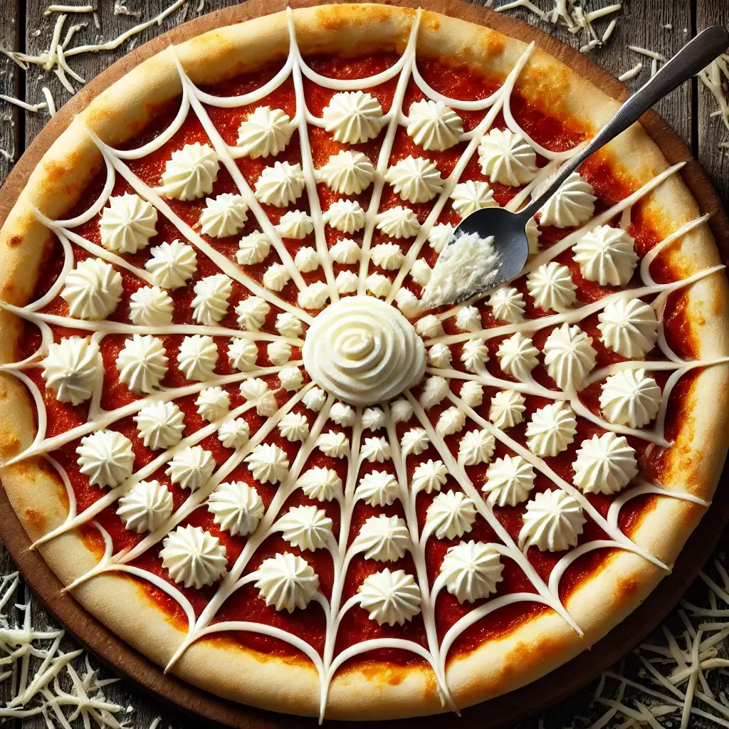 SPIDER WEB PIZZA WITH MOZZARELLA CHEESE, BLACK OLIVES, AND PEPPERONI FOR HALLOWEEN.