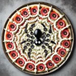 SPIDER WEB PIZZA WITH MOZZARELLA CHEESE, BLACK OLIVES, AND PEPPERONI FOR HALLOWEEN.