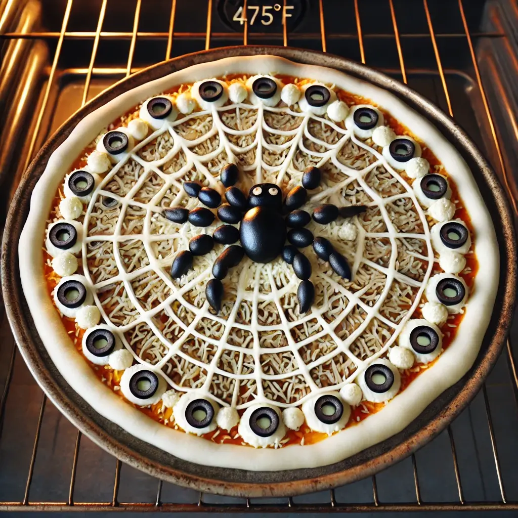 SPIDER WEB PIZZA WITH MOZZARELLA CHEESE, BLACK OLIVES, AND PEPPERONI FOR HALLOWEEN.