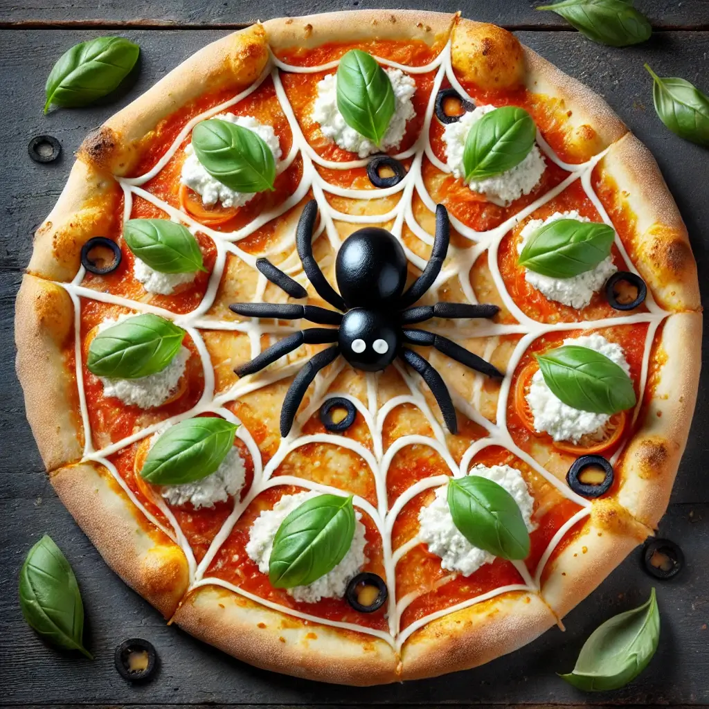 SPIDER WEB PIZZA WITH MOZZARELLA CHEESE, BLACK OLIVES, AND PEPPERONI FOR HALLOWEEN.