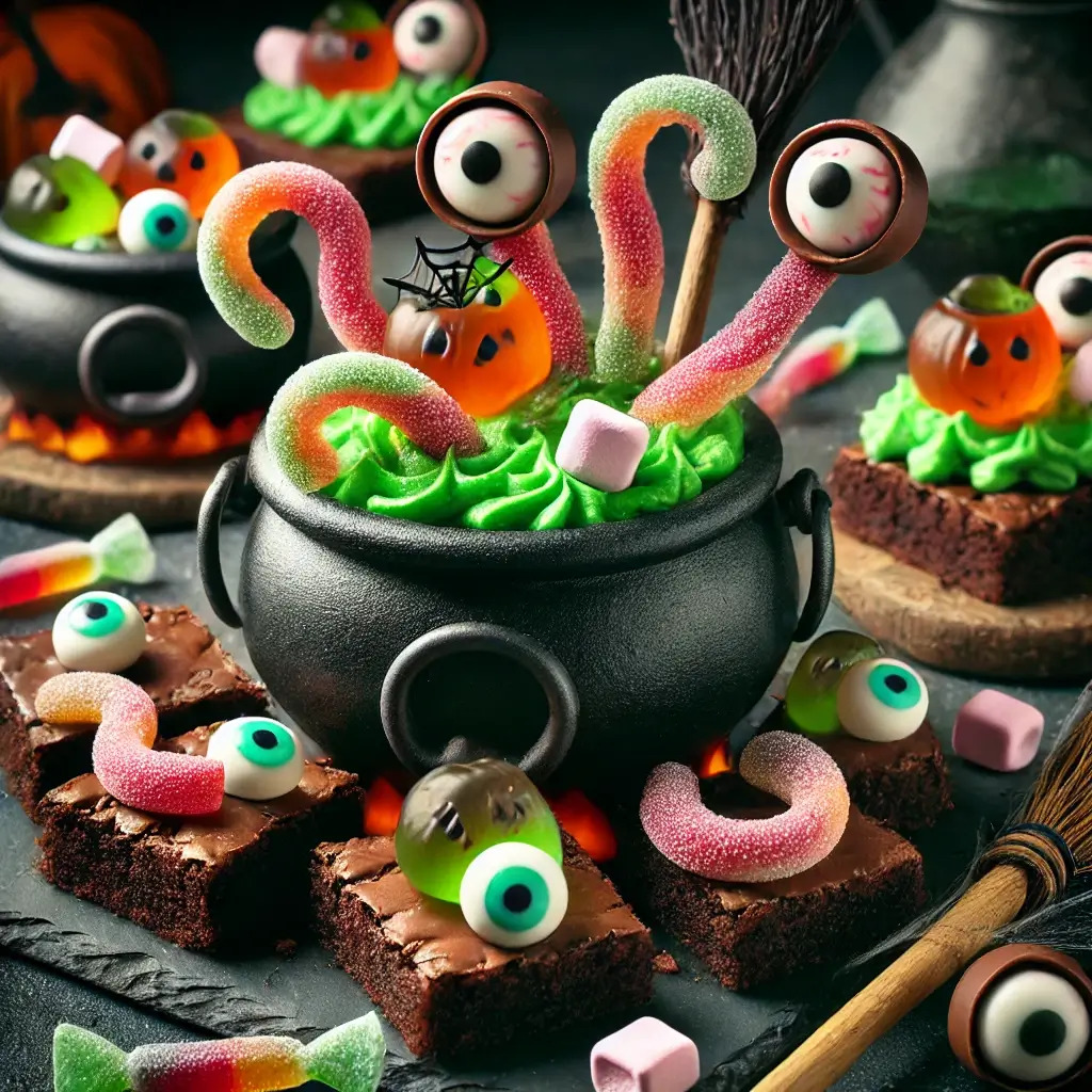 WITCH’S CAULDRON BROWNIES TOPPED WITH SPOOKY GREEN FROSTING AND MINI CHOCOLATE CAULDRONS FILLED WITH CANDY EYEBALLS AND GUMMY WORMS.