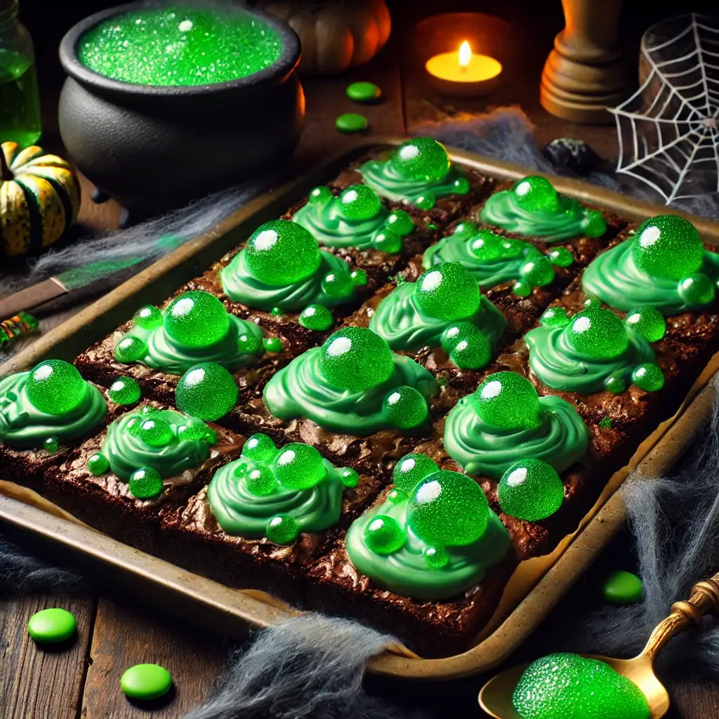 WITCH’S CAULDRON BROWNIES TOPPED WITH SPOOKY GREEN FROSTING AND MINI CHOCOLATE CAULDRONS FILLED WITH CANDY EYEBALLS AND GUMMY WORMS.