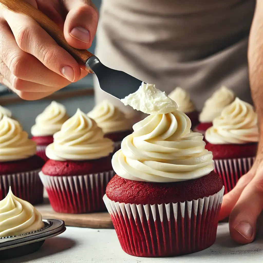 BLOODY HANDPRINT CUPCAKES WITH RED VELVET, CREAM CHEESE FROSTING, AND SPOOKY BLOODY HANDPRINT DESIGN.