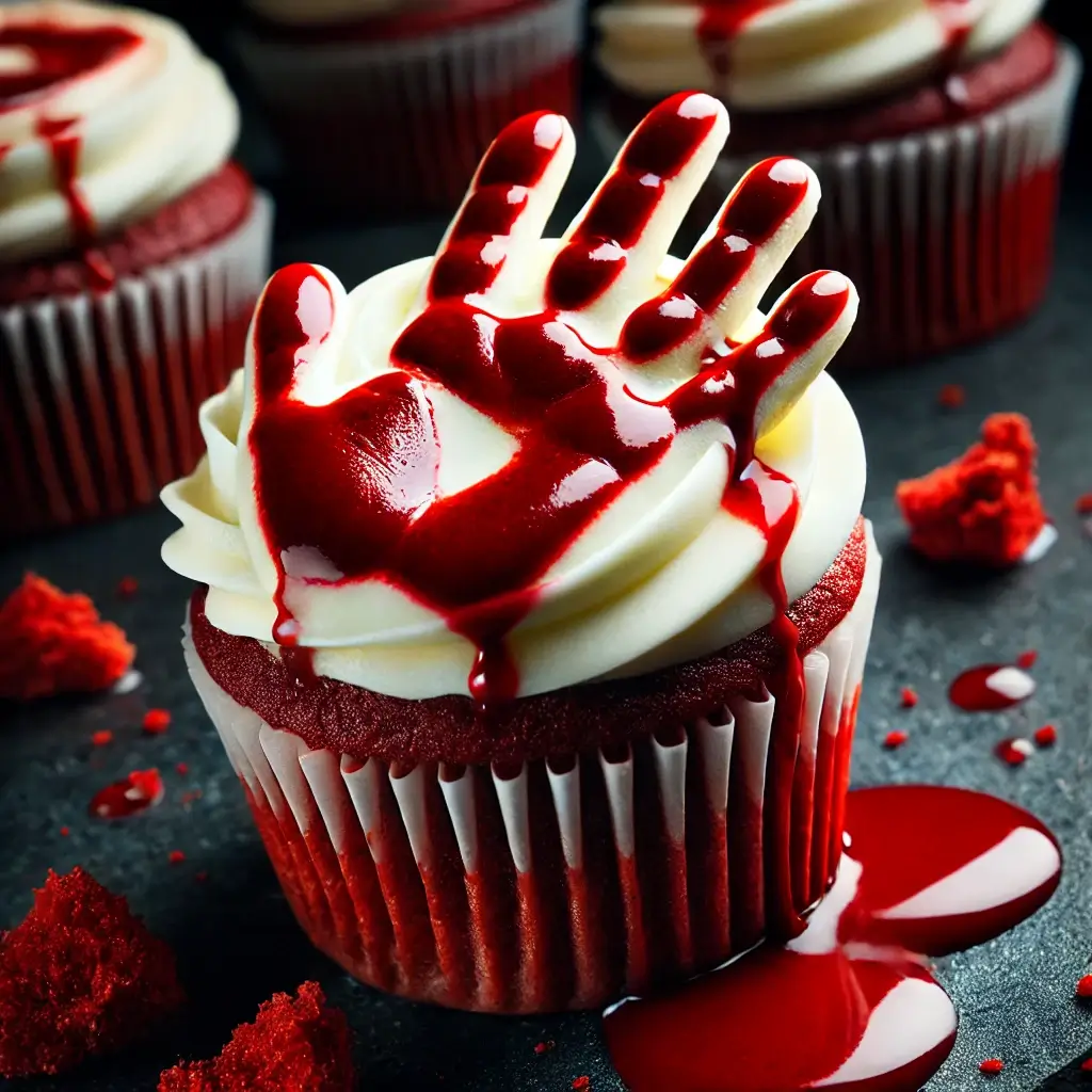 BLOODY HANDPRINT CUPCAKES WITH RED VELVET, CREAM CHEESE FROSTING, AND SPOOKY BLOODY HANDPRINT DESIGN.