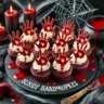 BLOODY HANDPRINT CUPCAKES WITH RED VELVET, CREAM CHEESE FROSTING, AND SPOOKY BLOODY HANDPRINT DESIGN.