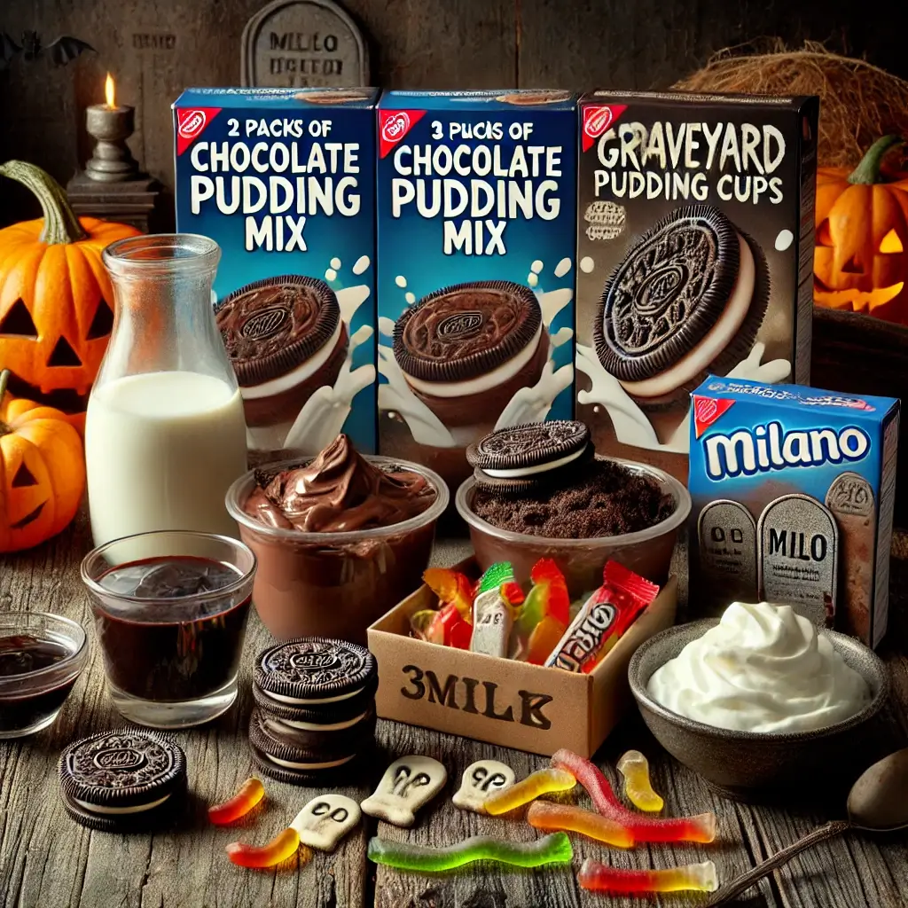 GRAVEYARD PUDDING CUPS WITH CHOCOLATE PUDDING, OREO DIRT, AND MILANO COOKIE TOMBSTONES FOR HALLOWEEN