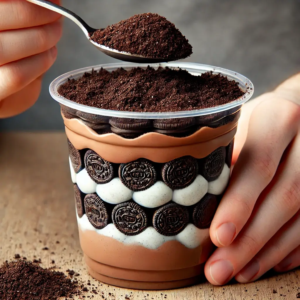 GRAVEYARD PUDDING CUPS WITH CHOCOLATE PUDDING, OREO DIRT, AND MILANO COOKIE TOMBSTONES FOR HALLOWEEN