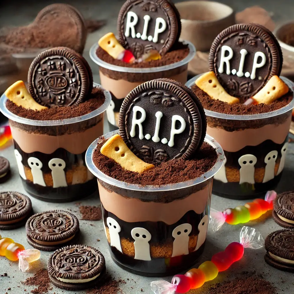 GRAVEYARD PUDDING CUPS WITH CHOCOLATE PUDDING, OREO DIRT, AND MILANO COOKIE TOMBSTONES FOR HALLOWEEN