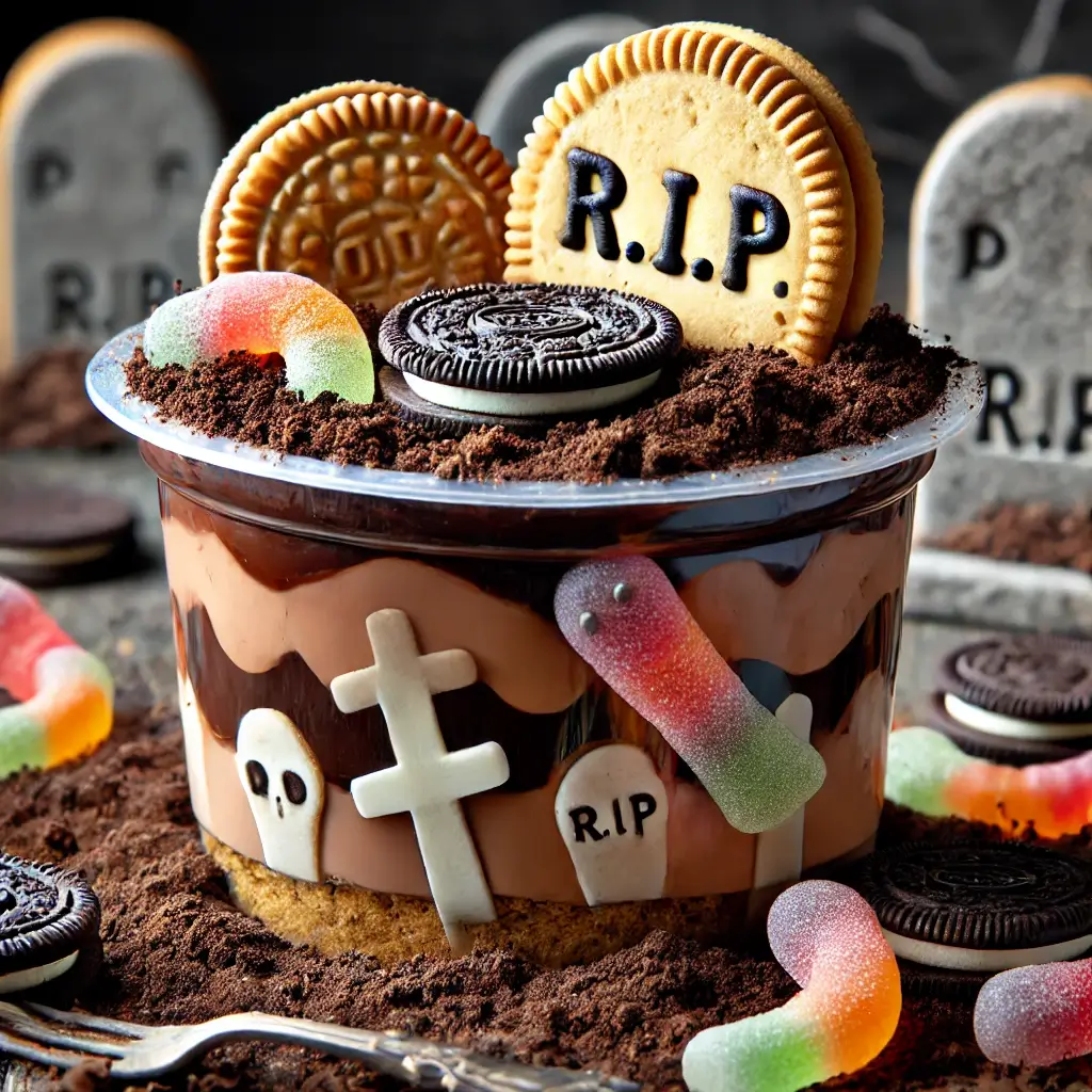 GRAVEYARD PUDDING CUPS WITH CHOCOLATE PUDDING, OREO DIRT, AND MILANO COOKIE TOMBSTONES FOR HALLOWEEN