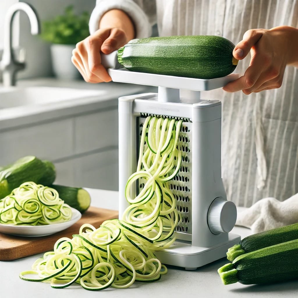 A PLATE OF LOW-CARB ZUCCHINI NOODLES WITH FRESH PESTO SAUCE, GARNISHED WITH PARMESAN AND CHERRY TOMATOES.