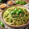 A PLATE OF LOW-CARB ZUCCHINI NOODLES WITH FRESH PESTO SAUCE, GARNISHED WITH PARMESAN AND CHERRY TOMATOES.