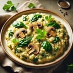 A BOWL OF CREAMY VEGETARIAN RISOTTO WITH SPINACH AND MUSHROOMS, GARNISHED WITH PARMESAN AND FRESH HERBS