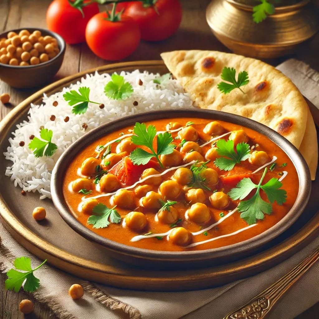 A BOWL OF VEGAN SPICY CHICKPEA CURRY GARNISHED WITH FRESH HERBS AND SERVED WITH RICE.