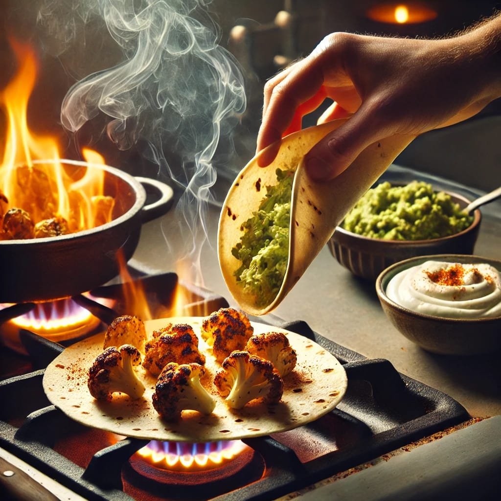 PLATED CAULIFLOWER TACOS TOPPED WITH CREAMY AVOCADO CREMA, GARNISHED WITH FRESH CILANTRO AND LIME WEDGES.